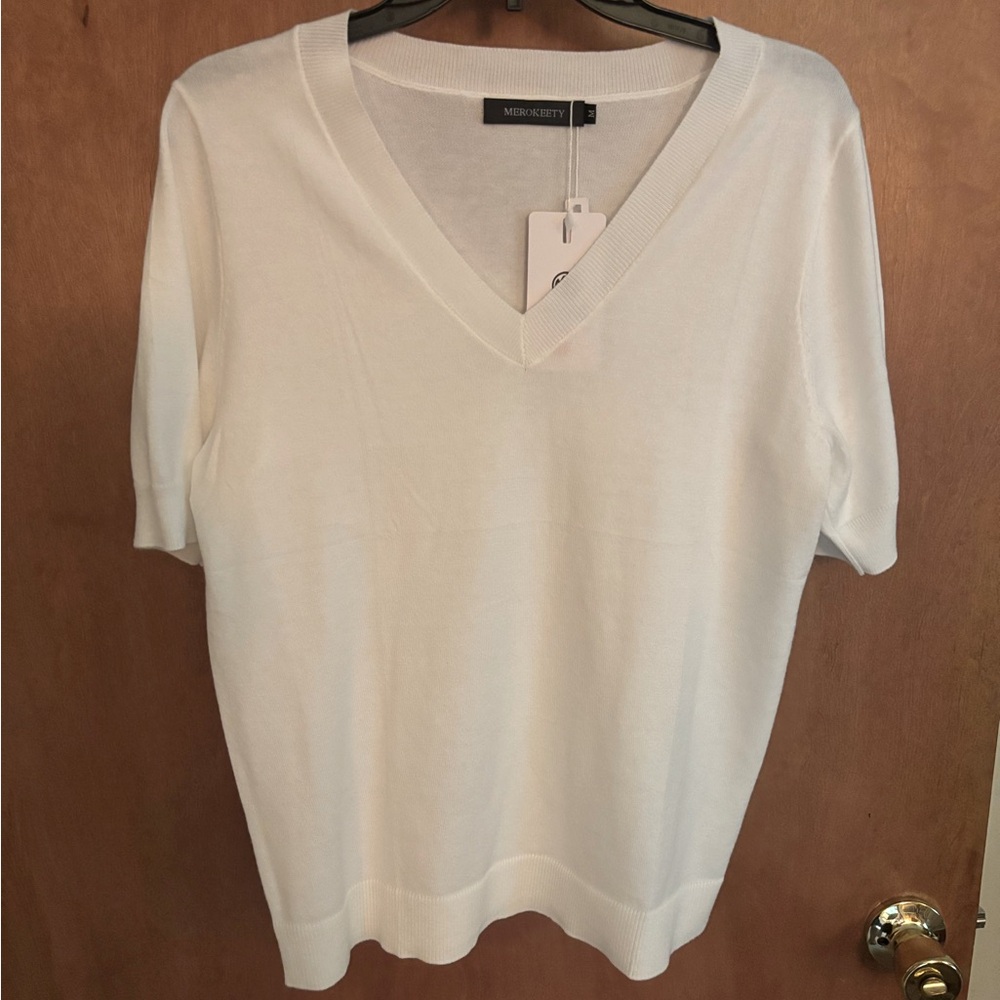 Merokeety White V-Neck Short Sleeve Sweater size M NEW